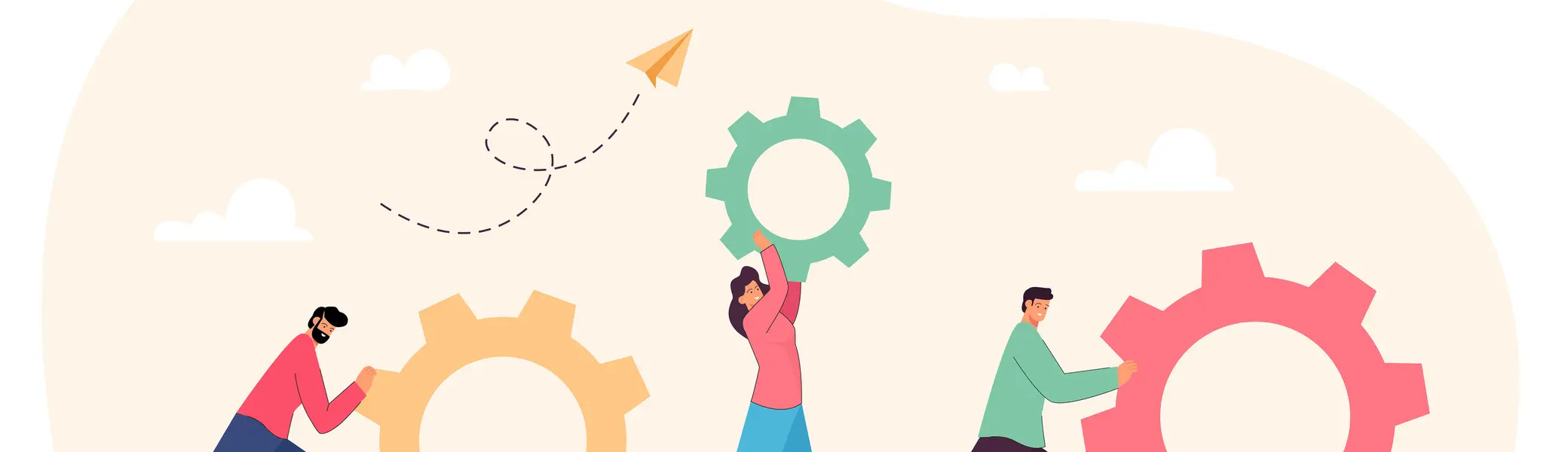 Beispielbild Teamwork von kleinen Leuten mit Zahnrädern und Zahnrädern | © <a href="https://de.freepik.com/vektoren-kostenlos/teamwork-von-kleinen-leuten-mit-zahnraedern-und-zahnraedern-team-von-partnern-die-an-upgrade-reparatur-verbesserung-der-faehigkeiten-und-flacher-vektorgrafik-des-kundenservice-arbeiten-unternehmensorganisation-kooperationskonzept_21683340.htm">Bild von pch.vector auf Freepik</a>