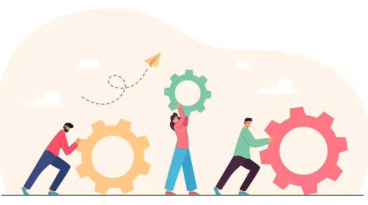 Beispielbild Teamwork von kleinen Leuten mit Zahnrädern und Zahnrädern | © <a href="https://de.freepik.com/vektoren-kostenlos/teamwork-von-kleinen-leuten-mit-zahnraedern-und-zahnraedern-team-von-partnern-die-an-upgrade-reparatur-verbesserung-der-faehigkeiten-und-flacher-vektorgrafik-des-kundenservice-arbeiten-unternehmensorganisation-kooperationskonzept_21683340.htm">Bild von pch.vector auf Freepik</a>